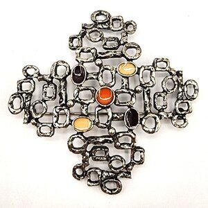 FLORENZA SIGNED COSTUME SILVER TONE MCM ENAMEL ABSTRACT ART BROOCH Vintage 1960s